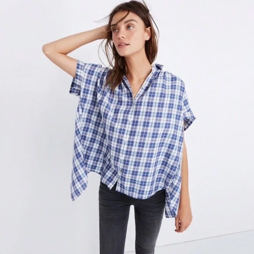 Madewell Plaid Boxy Sleeve Button Down Top With Split Back Size M.